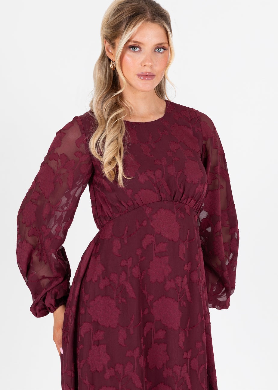 Lovedrobe Red Floral Burnout Long Sleeve Keyhole Back Midaxi Dress