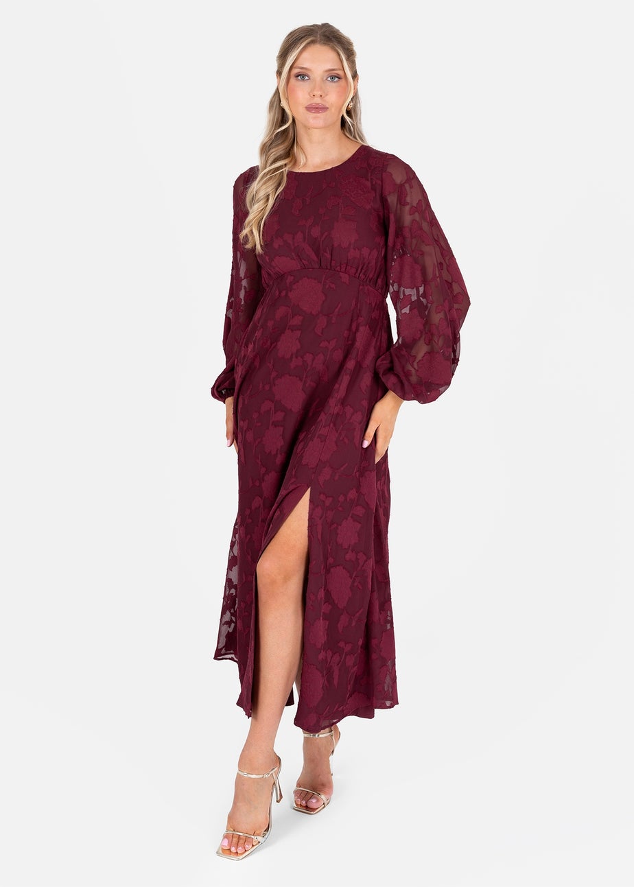 Lovedrobe Red Floral Burnout Long Sleeve Keyhole Back Midaxi Dress