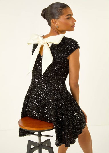 Roman Black Sequin Bow Back Flare Dress