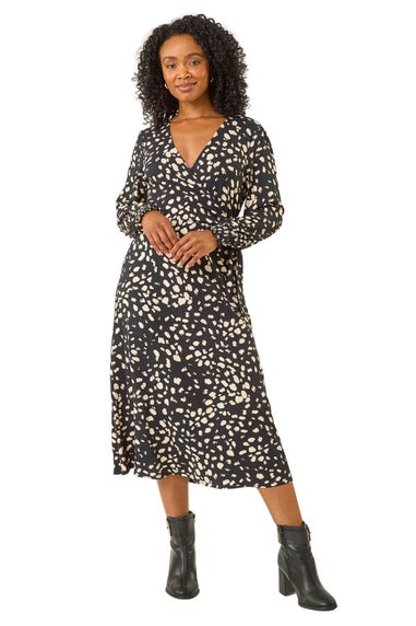 Roman Black Petite Abstract Dot Stretch Dress