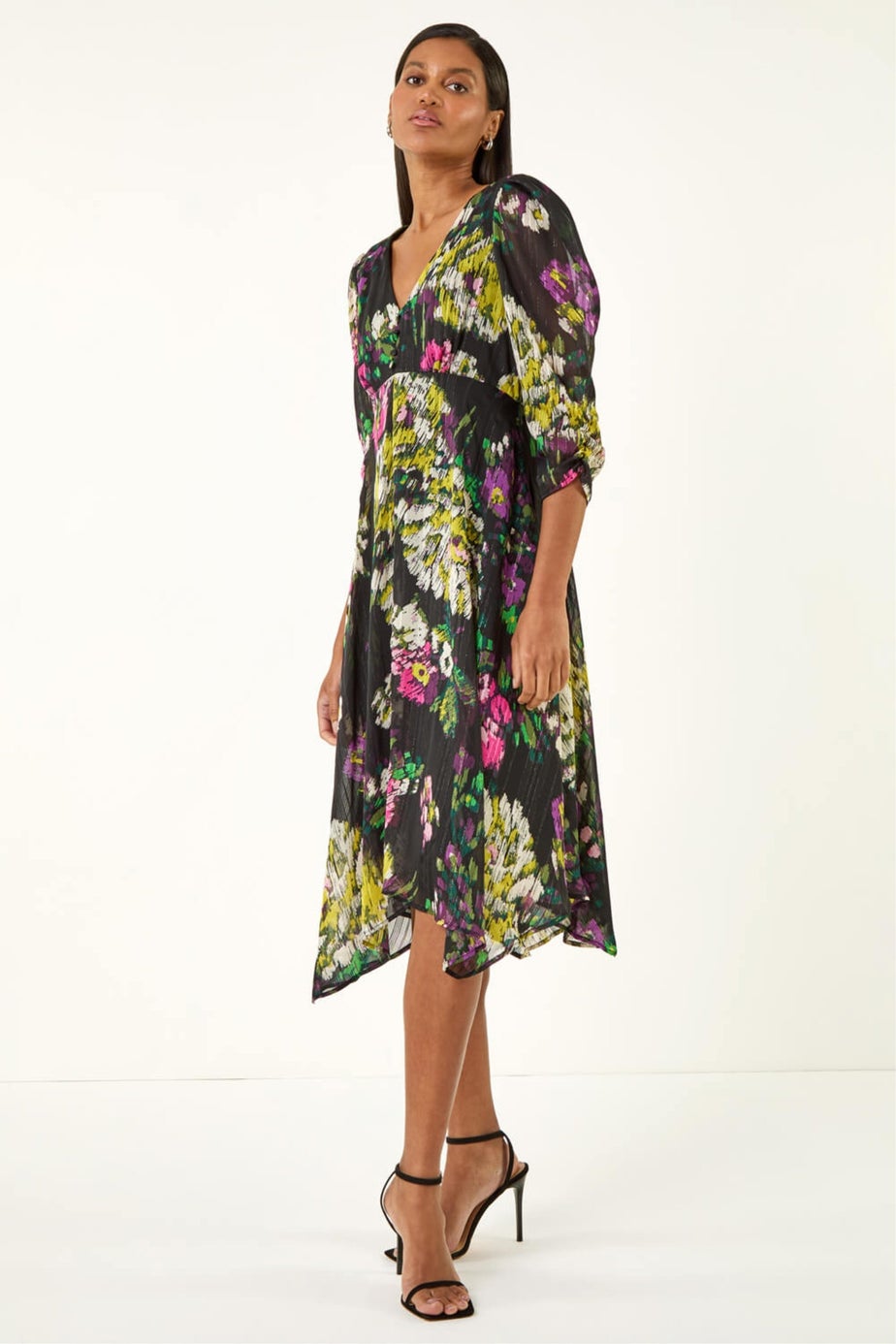 Roman Black Floral Print Chiffon Midi Dress