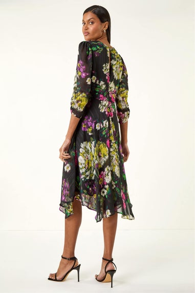 Roman Black Floral Print Chiffon Midi Dress