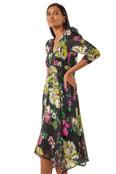 Roman Black Floral Print Chiffon Midi Dress