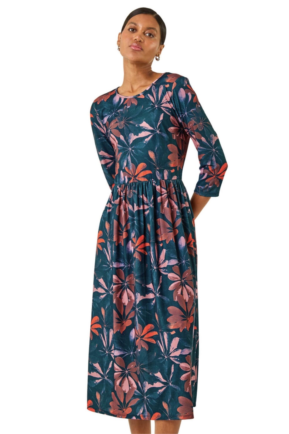 Roman Rose Floral Print Stretch Midi Dress