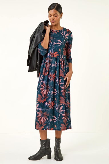 Roman Rose Floral Print Stretch Midi Dress