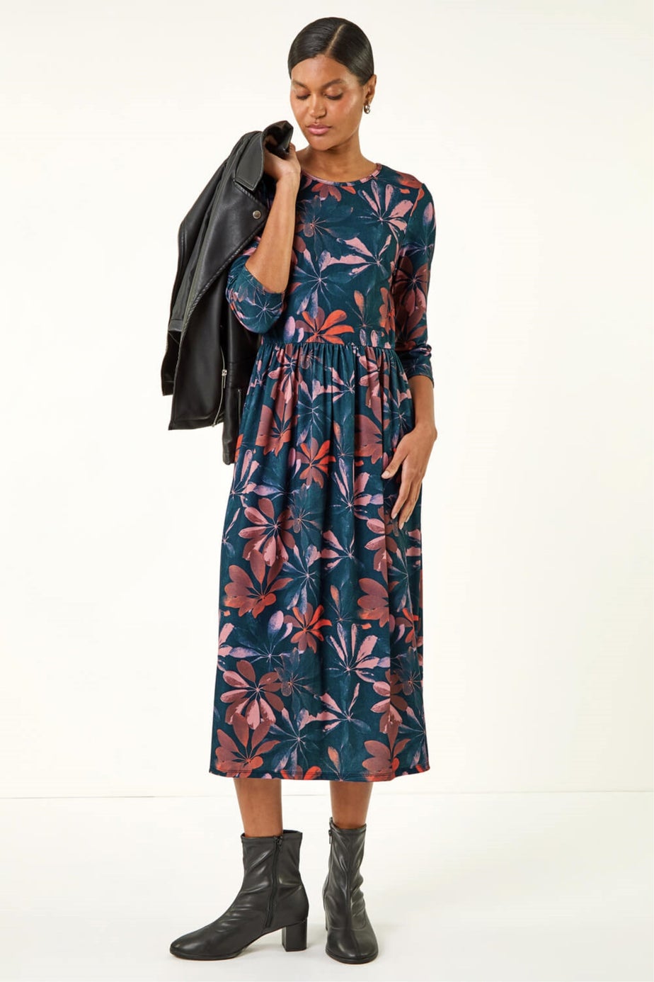 Roman Navy Floral Print Stretch Midi Dress
