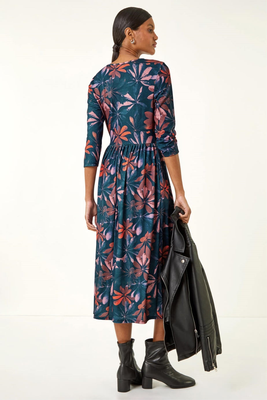 Roman Navy Floral Print Stretch Midi Dress