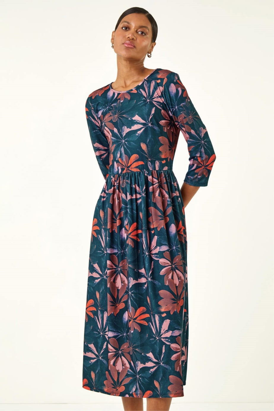 Roman Navy Floral Print Stretch Midi Dress