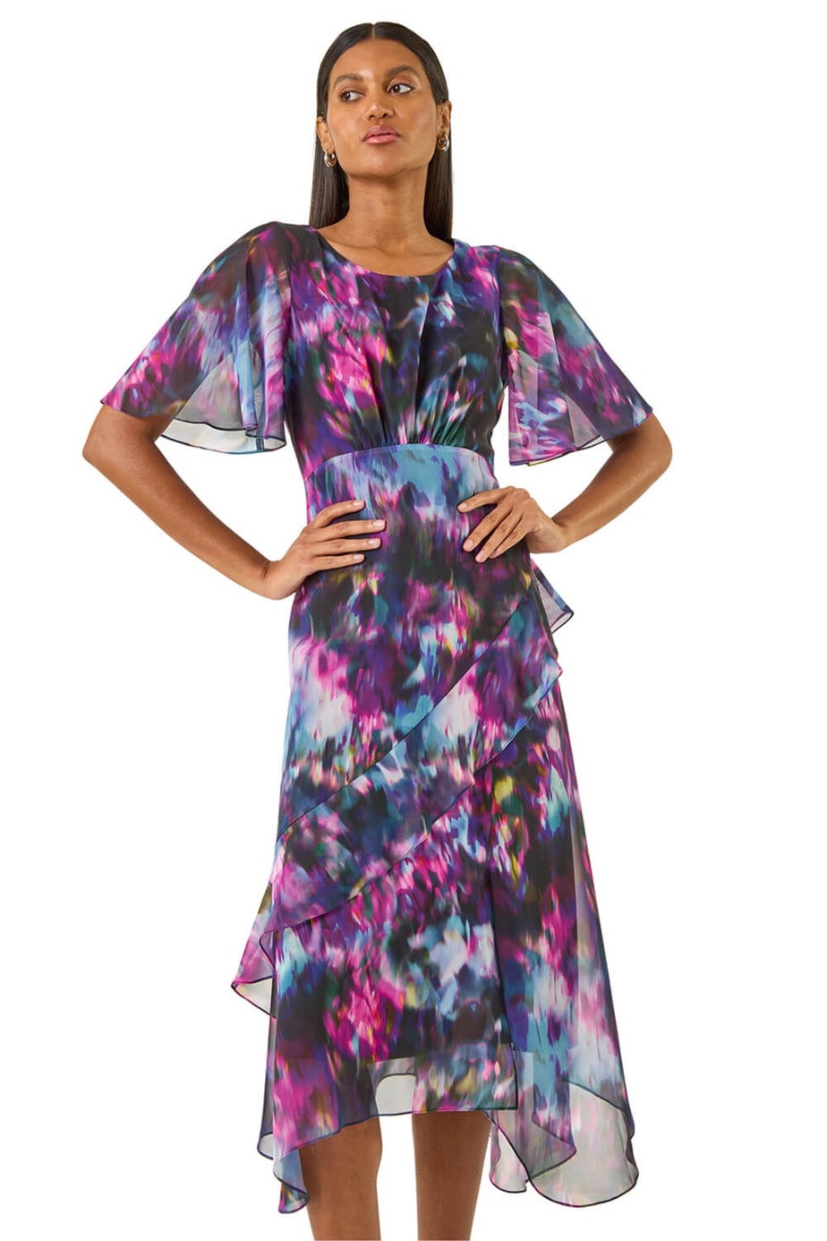 Roman Black Blurred Floral Frill Midi Dress