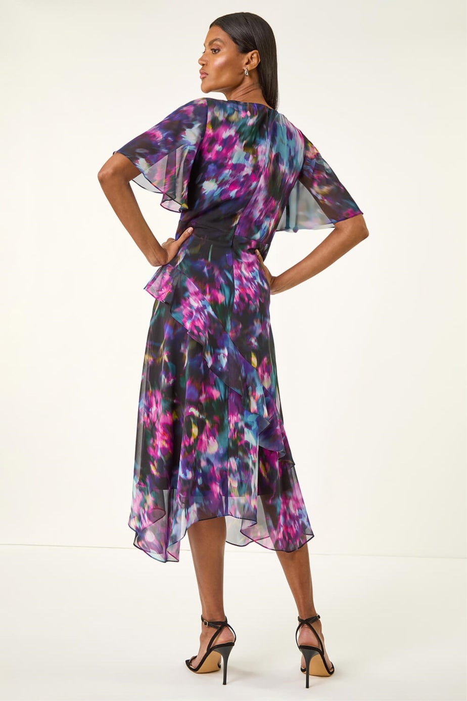 Roman Black Blurred Floral Frill Midi Dress