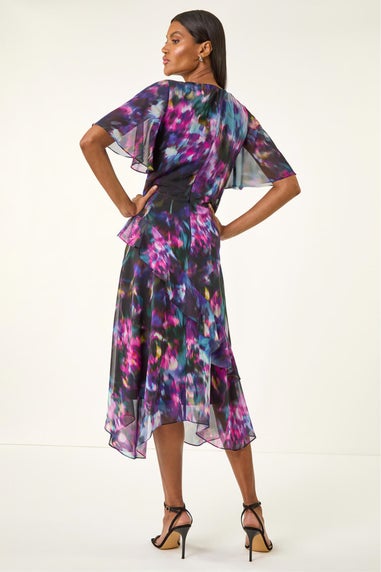 Roman Black Blurred Floral Frill Midi Dress