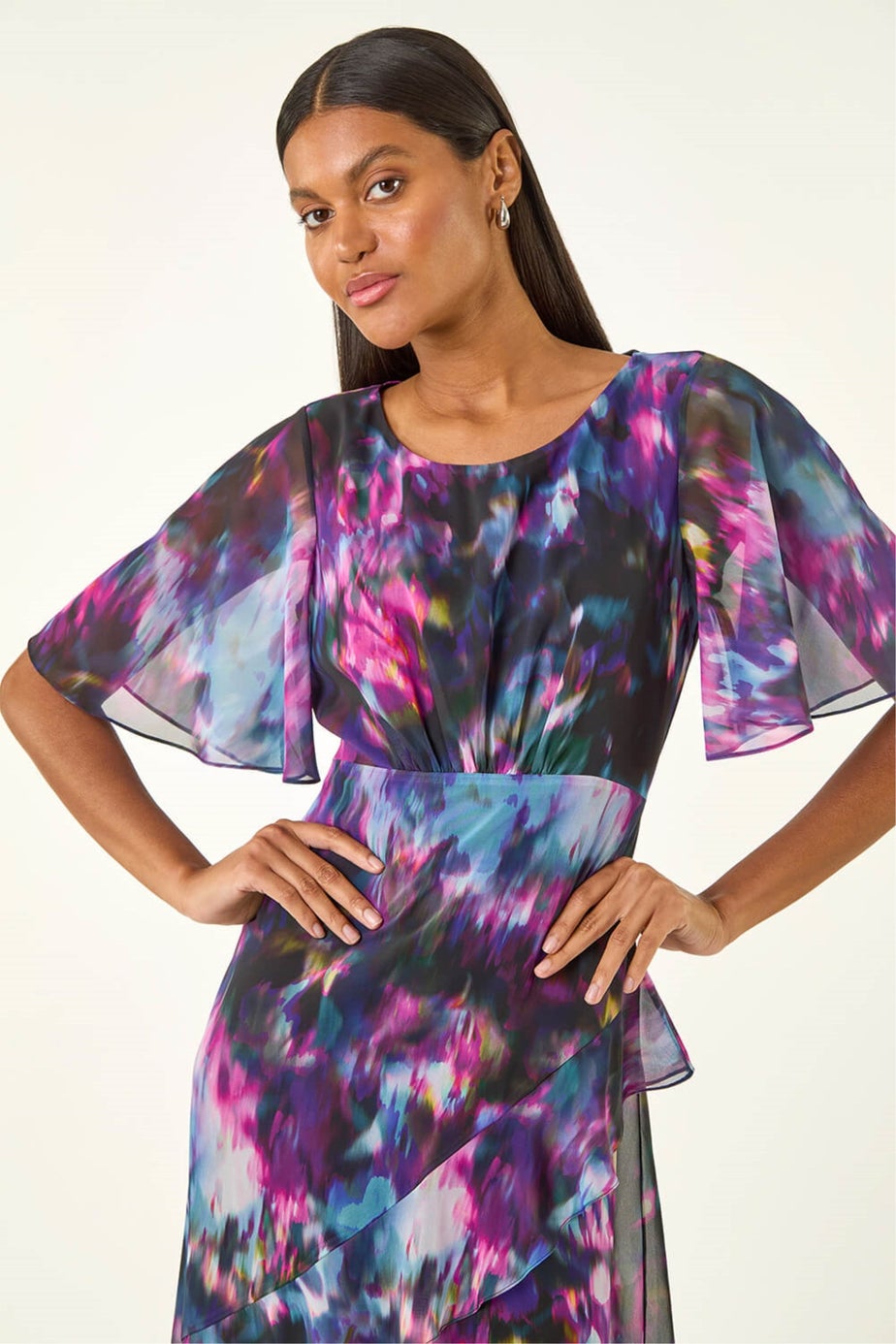 Roman Black Blurred Floral Frill Midi Dress