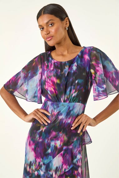 Roman Black Blurred Floral Frill Midi Dress