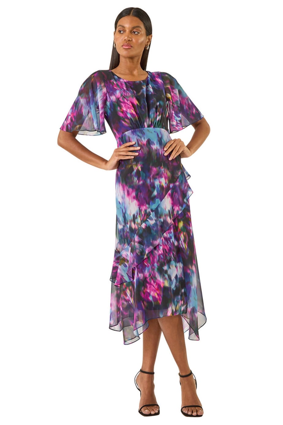 Roman Black Blurred Floral Frill Midi Dress