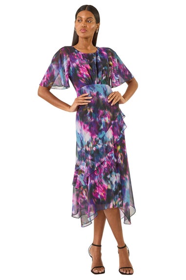 Roman Black Blurred Floral Frill Midi Dress