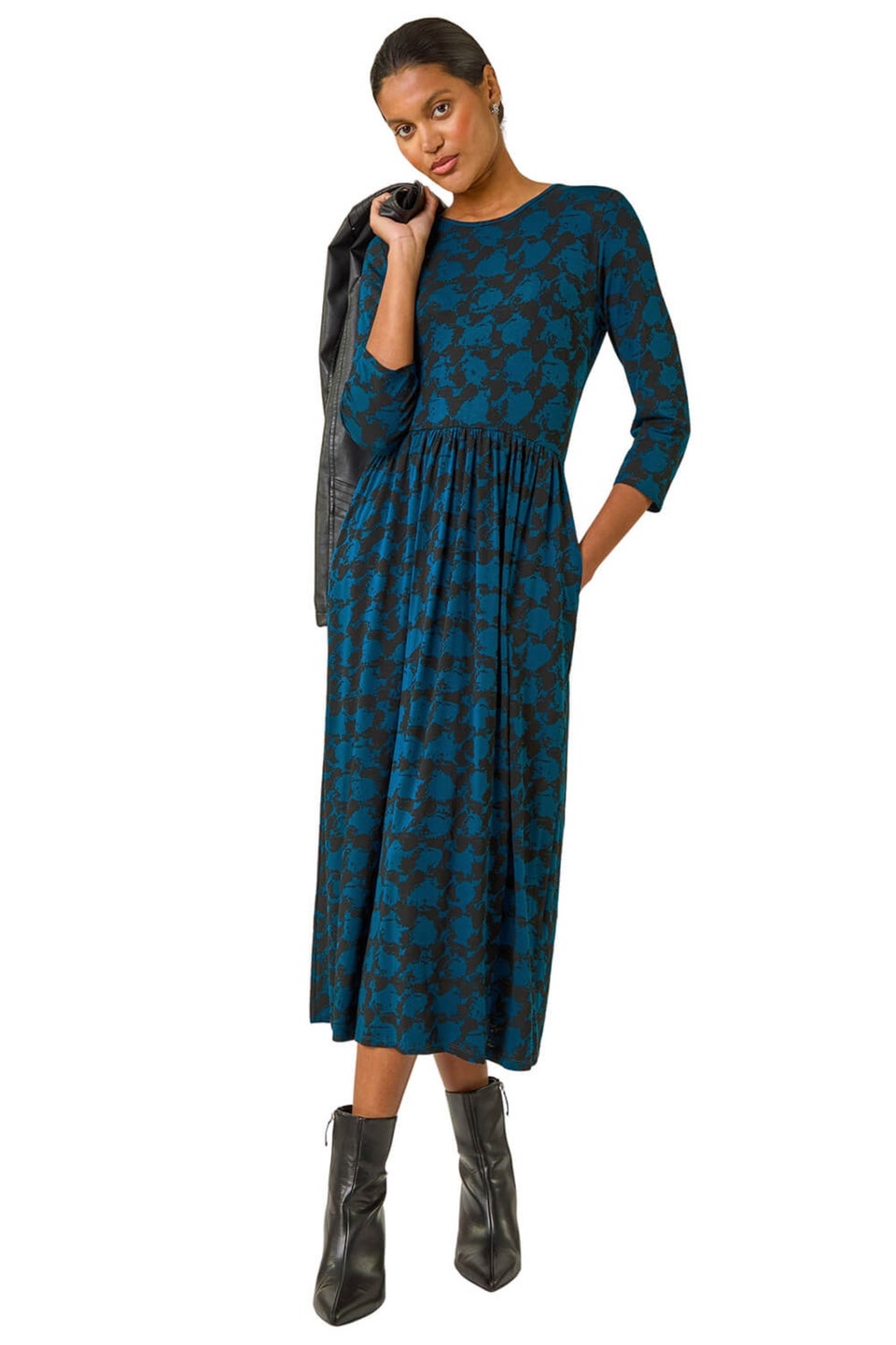 Roman Teal Abstract Print Gathered Stretch Midi Dress
