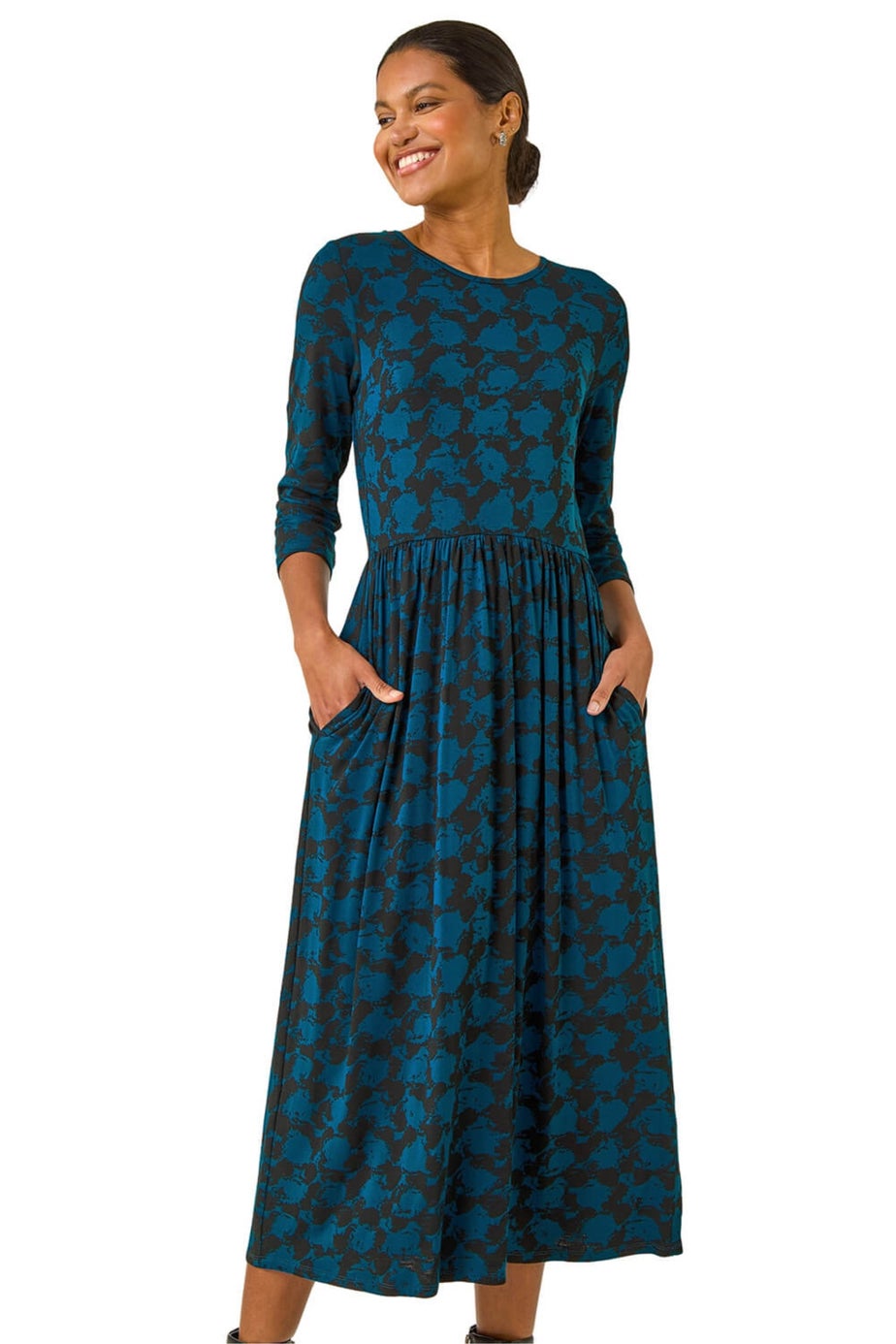Roman Teal Abstract Print Gathered Stretch Midi Dress
