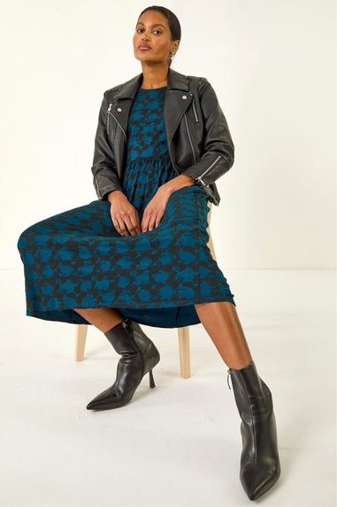 Roman Teal Abstract Print Gathered Stretch Midi Dress