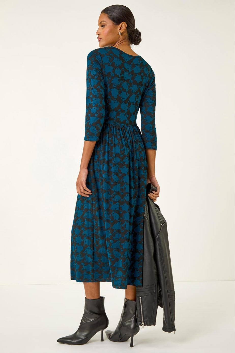 Roman Teal Abstract Print Gathered Stretch Midi Dress
