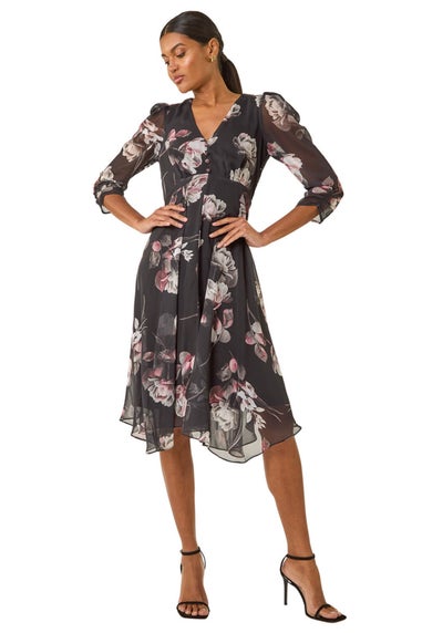 Roman Black Floral Print Hanky Hem Dress