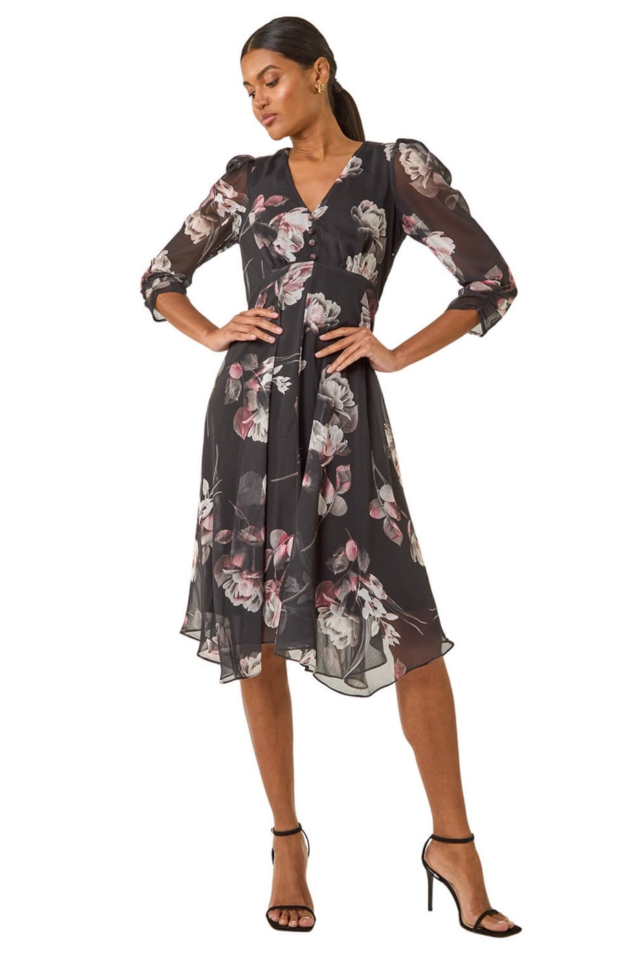 Roman Black Floral Print Hanky Hem Dress