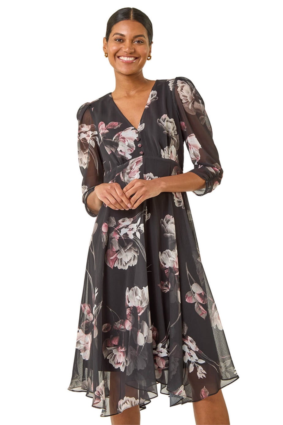 Roman Black Floral Print Hanky Hem Dress