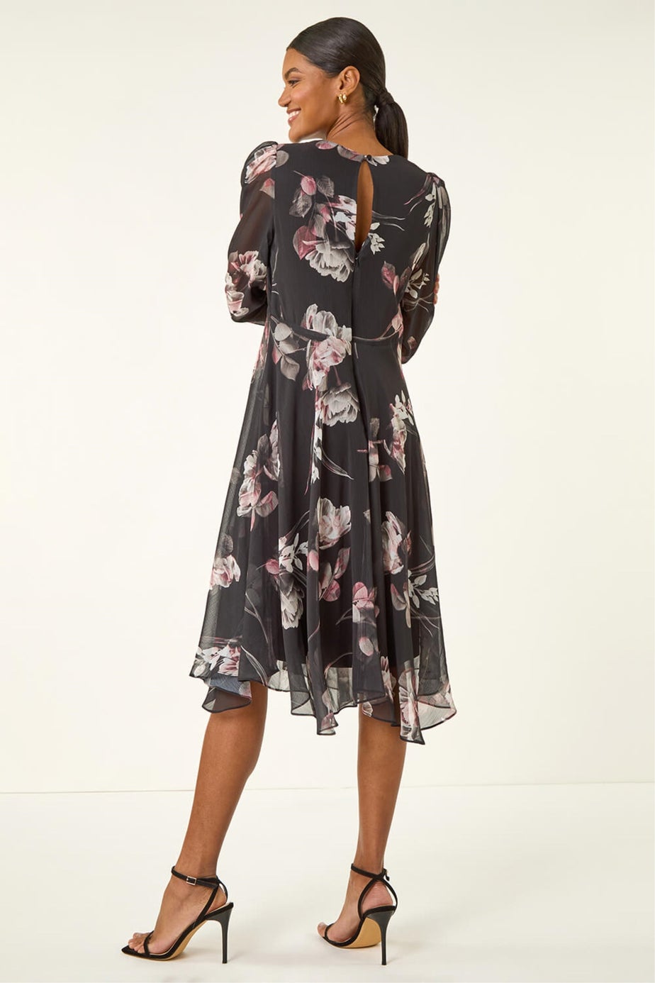 Roman Black Floral Print Hanky Hem Dress
