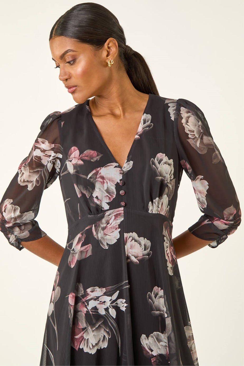 Roman Black Floral Print Hanky Hem Dress