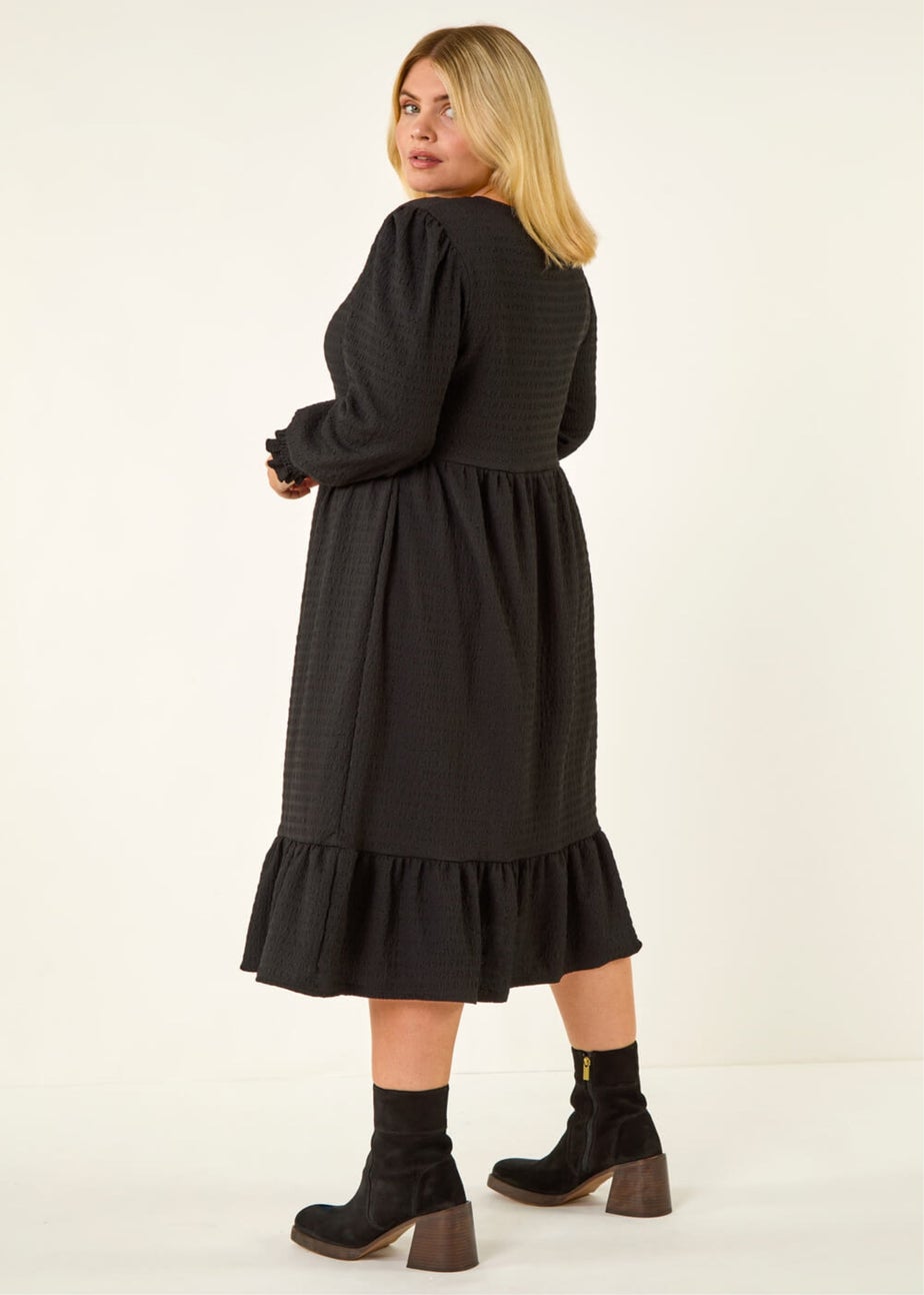 Roman Black Curve Textured Gathered Stretch Midi Dress