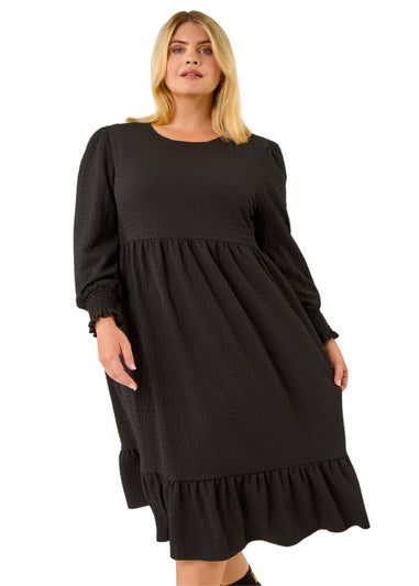 Roman Black Curve Textured Gathered Stretch Midi Dress