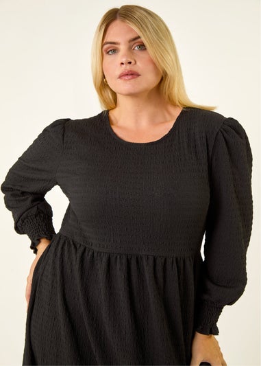 Roman Black Curve Textured Gathered Stretch Midi Dress