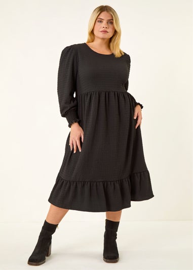 Roman Black Curve Textured Gathered Stretch Midi Dress