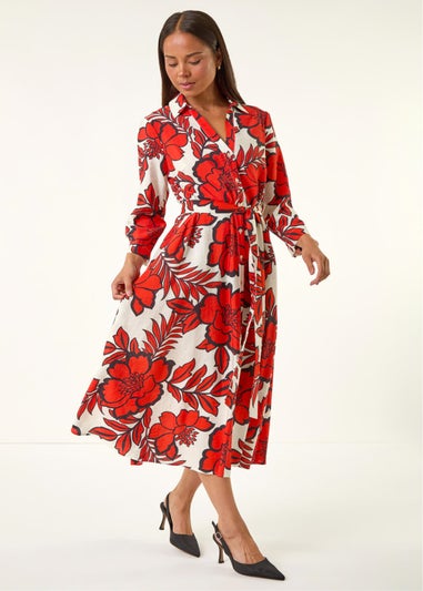 Roman Red Petite Floral Midi Shirt Dress