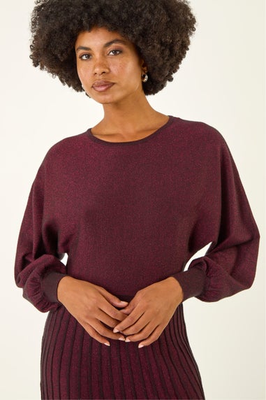 Roman Wine Shimmer Pleated Knit Midi Dress