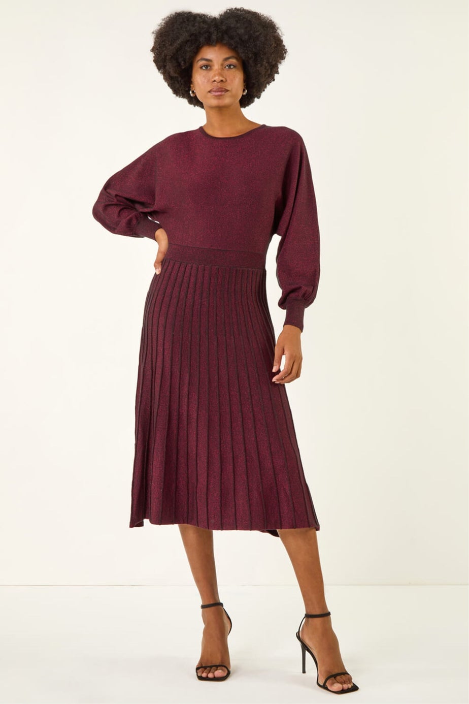 Roman Wine Shimmer Pleated Knit Midi Dress