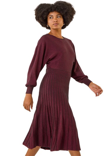 Roman Wine Shimmer Pleated Knit Midi Dress