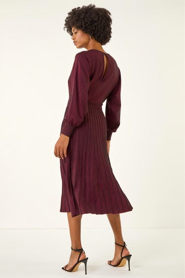 Roman Wine Shimmer Pleated Knit Midi Dress