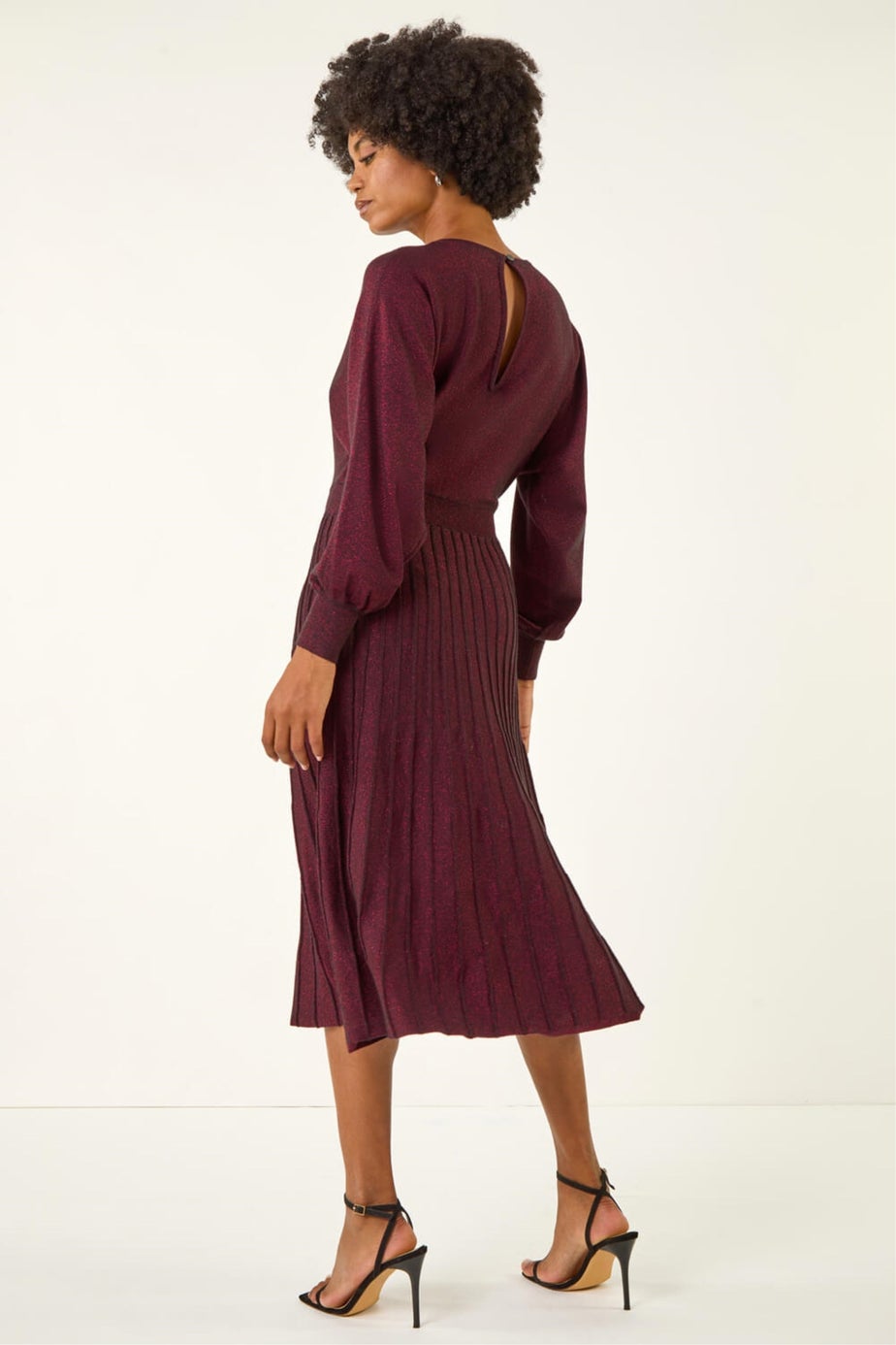 Roman Wine Shimmer Pleated Knit Midi Dress