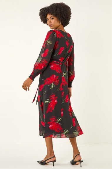Roman Red Floral Tie Waist Midi Dress