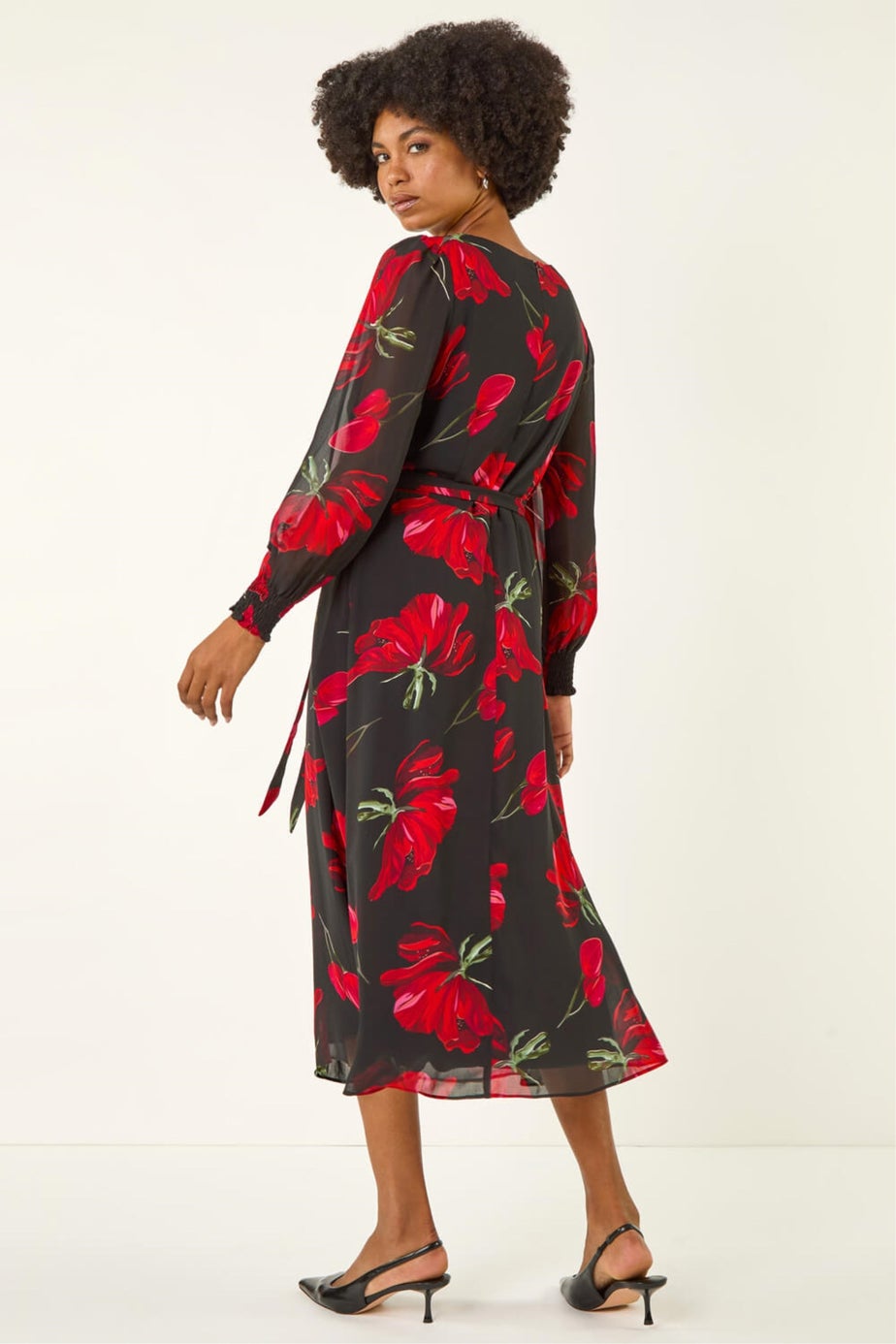 Roman Red Floral Tie Waist Midi Dress