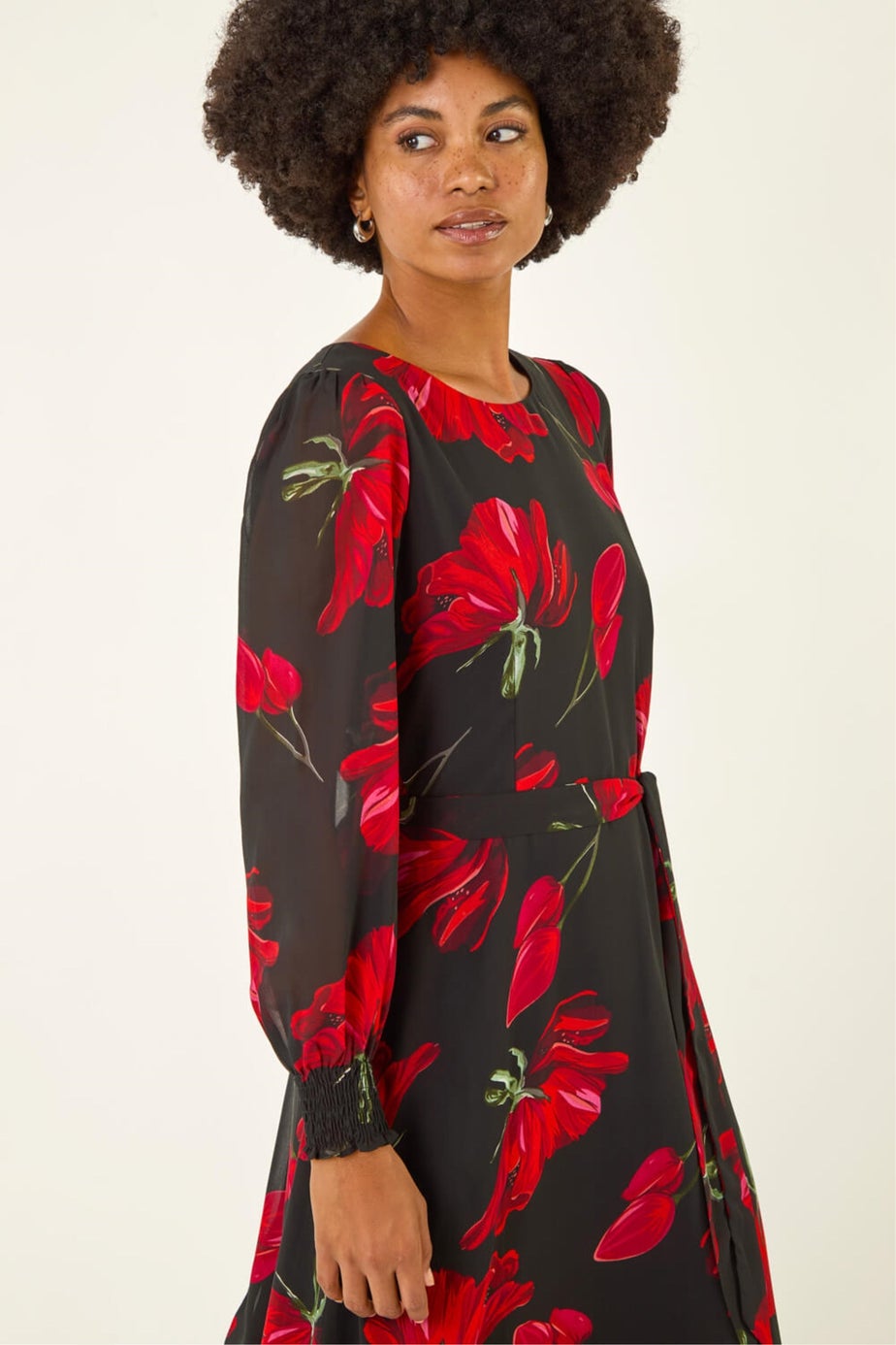 Roman Red Floral Tie Waist Midi Dress
