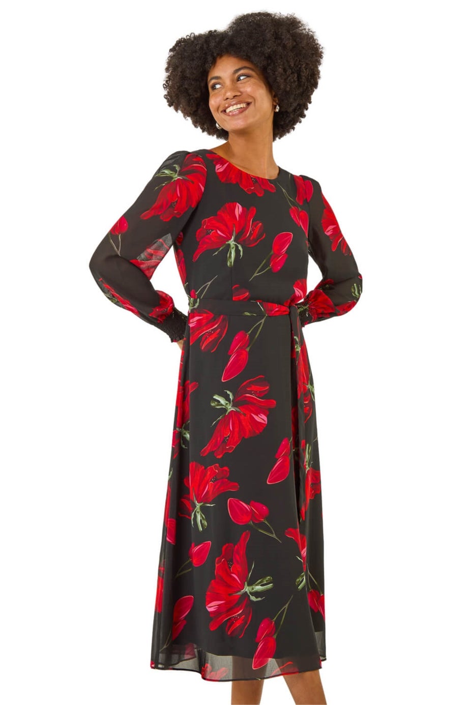 Roman Red Floral Tie Waist Midi Dress