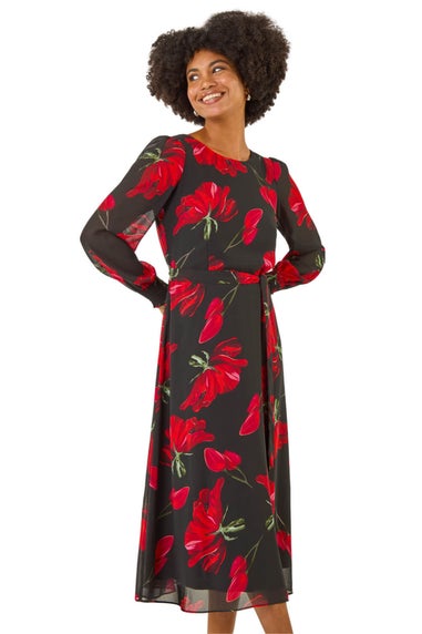 Roman Red Floral Tie Waist Midi Dress