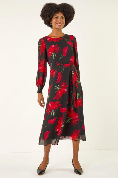 Roman Red Floral Tie Waist Midi Dress