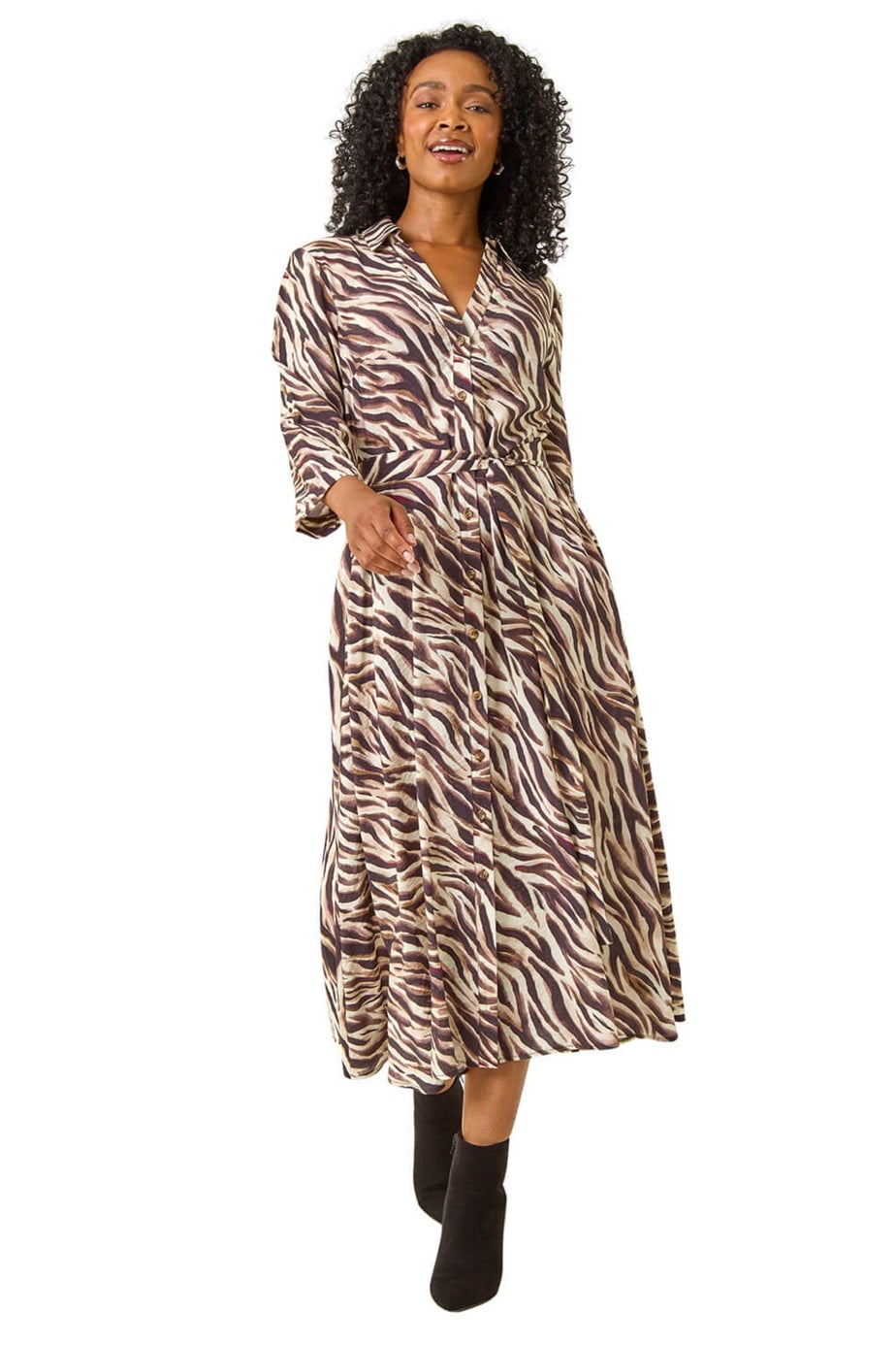 Roman Chocolate Petite Animal Print Midi Shirt Dress
