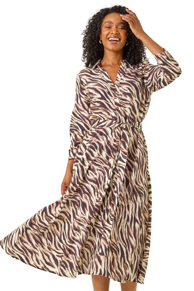 Roman Chocolate Petite Animal Print Midi Shirt Dress
