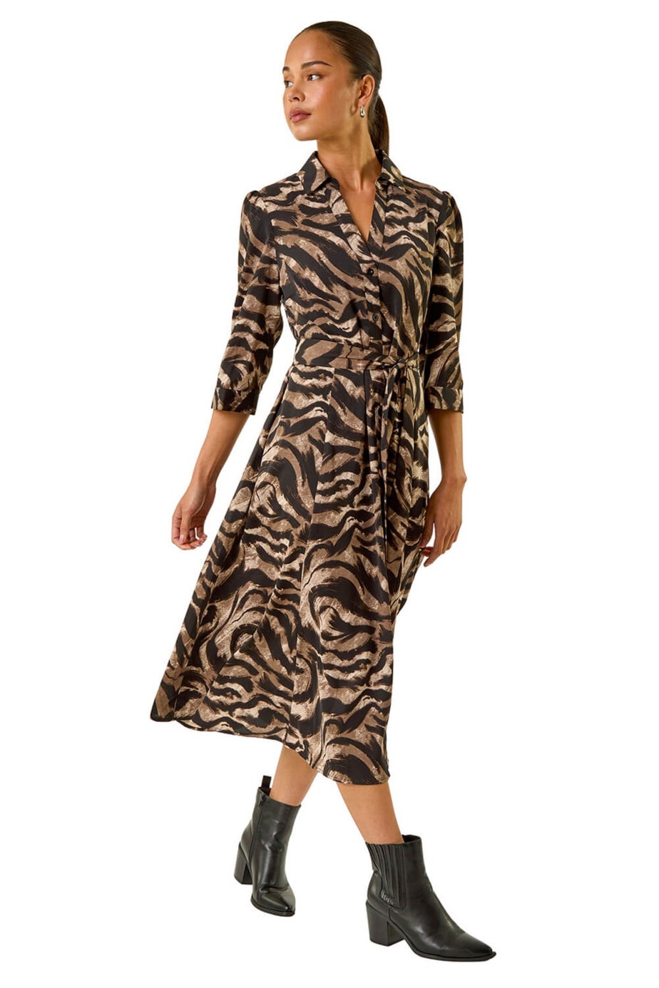 Roman Mocha Petite Animal Print Stretch Shirt Dress