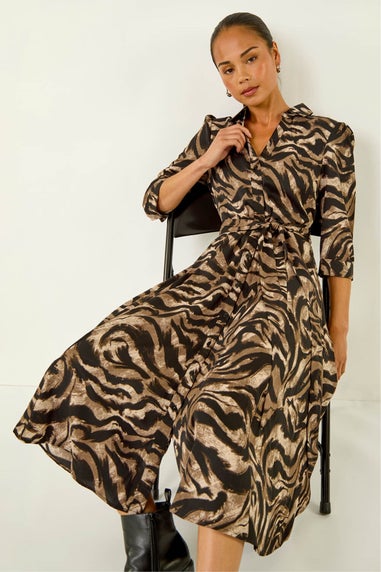 Roman Mocha Petite Animal Print Stretch Shirt Dress