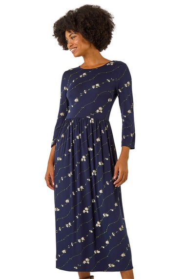 Roman Navy Floral Gathered Waist Midi Dress