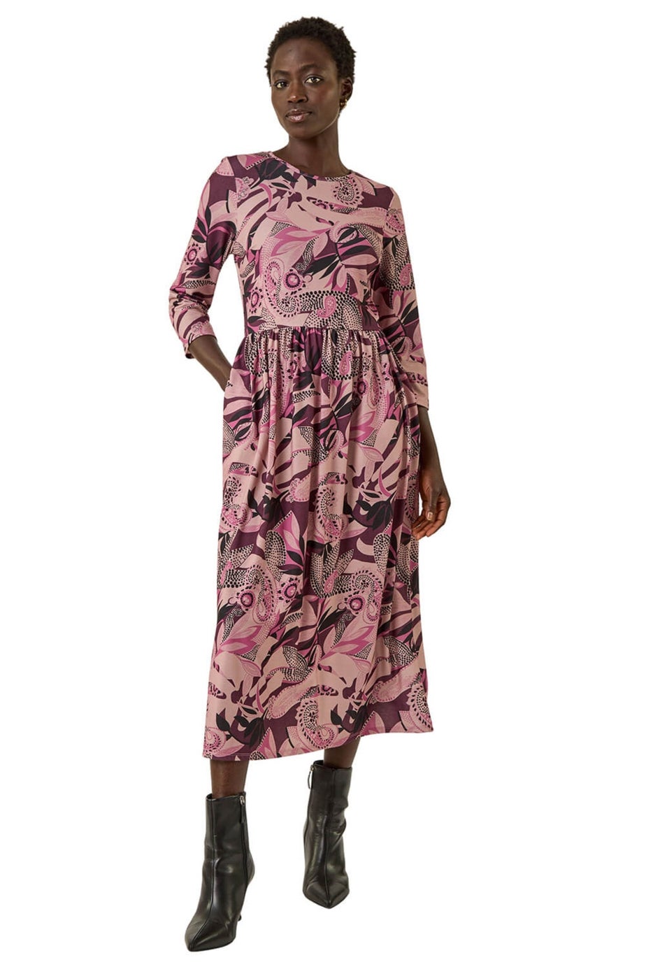 Roman Rose Floral Print Gathered Stretch Midi Dress